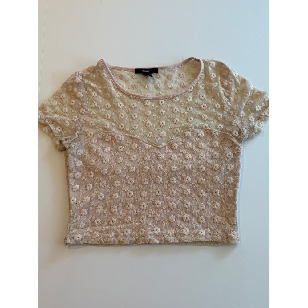 Forever 21 Pink Floral Mesh Embroidered Crop Top Short Sleeve Sweetheart‎ Medium